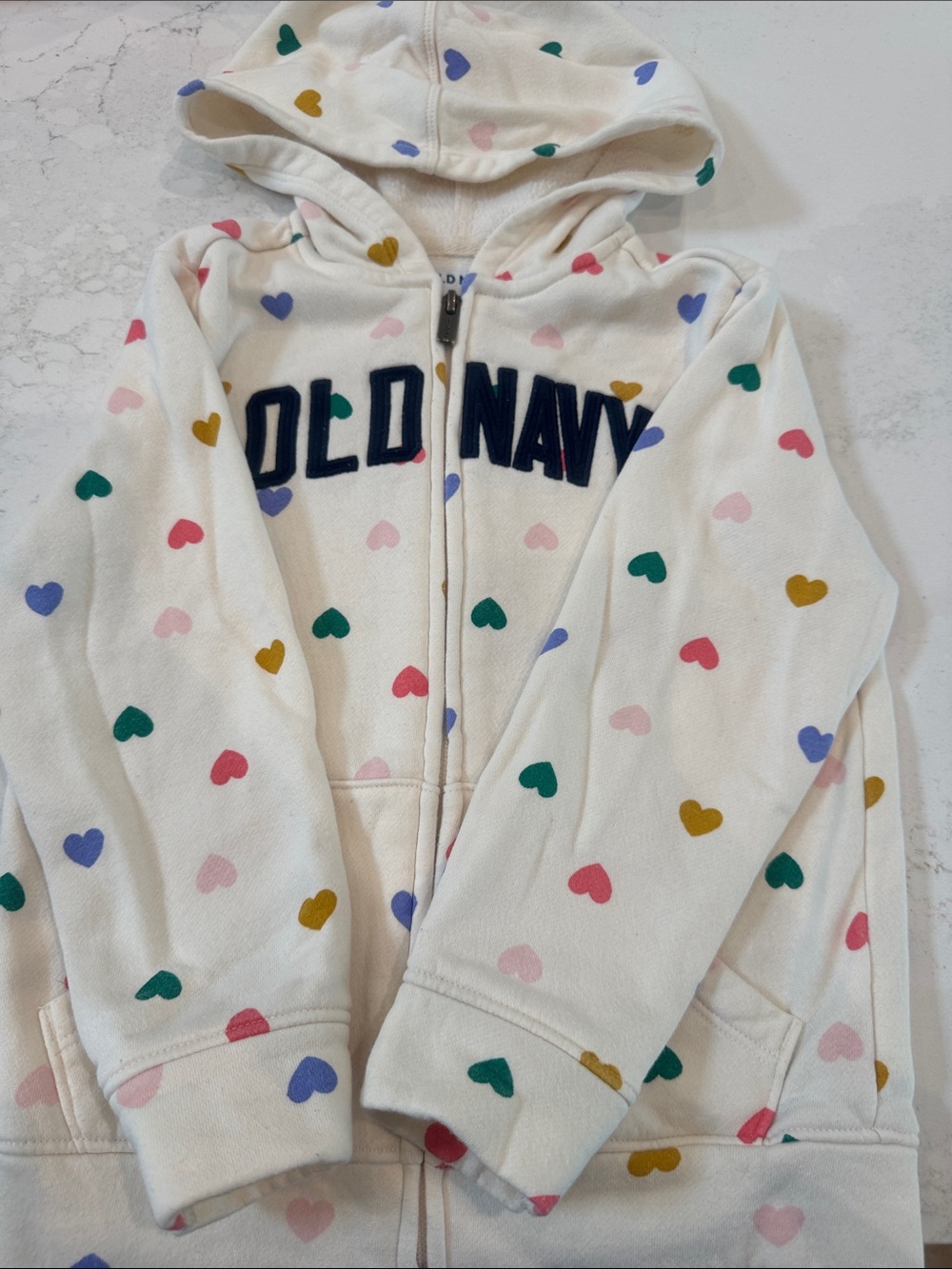 Girls Old Navy Cream Hooded Zip-Up Sweatshirt with Multicolor Heart Print